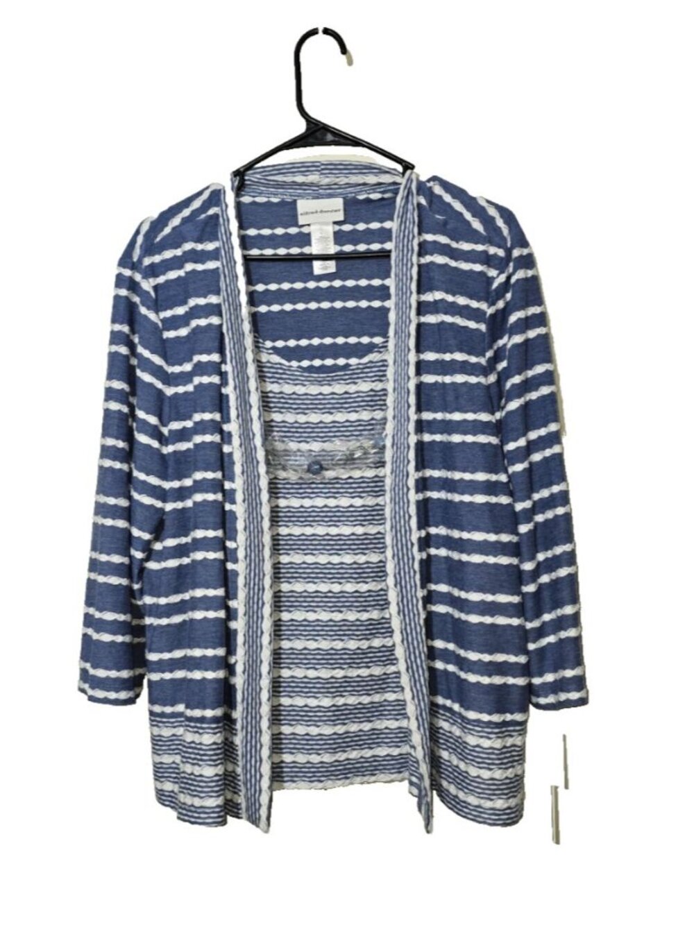 Alfred Dunner Blouse L Bead Necklace Stripe Blue White Business Casual Pullover